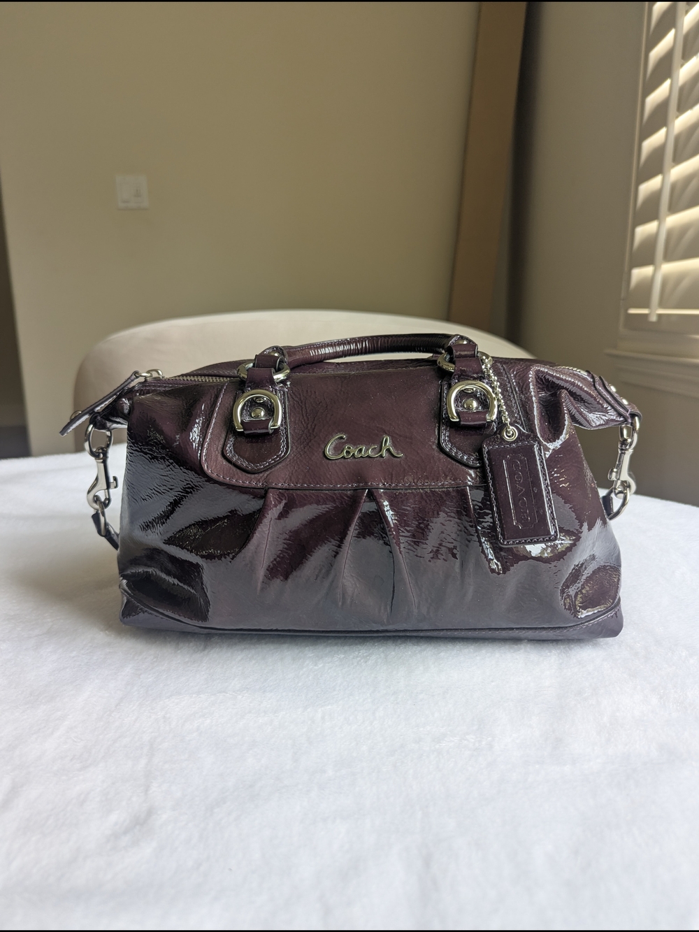 Coach Ashley Pleated Patent Leather Satchel Bag – Aubergine / Deep Purple